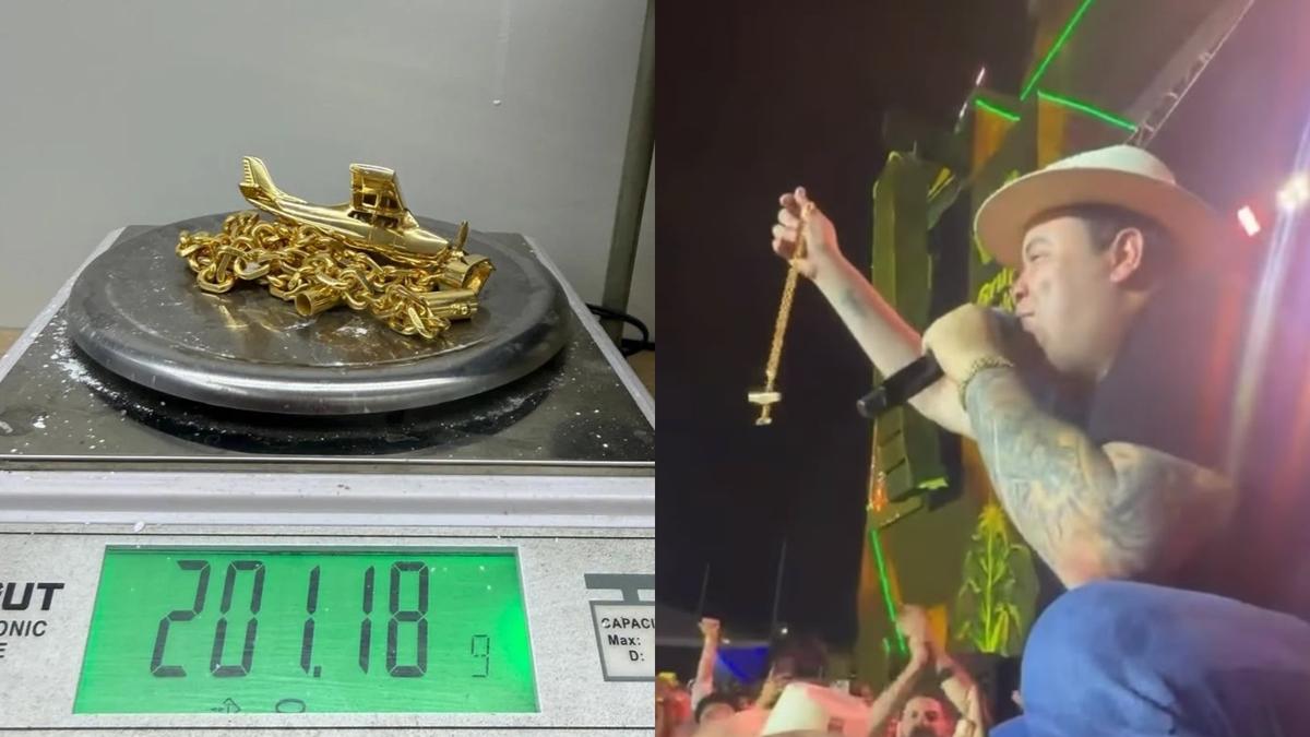 Cantor Rey Vaqueiro ganha cordão de ouro de empresário durante show na 35ª Expoagro de Itaituba.