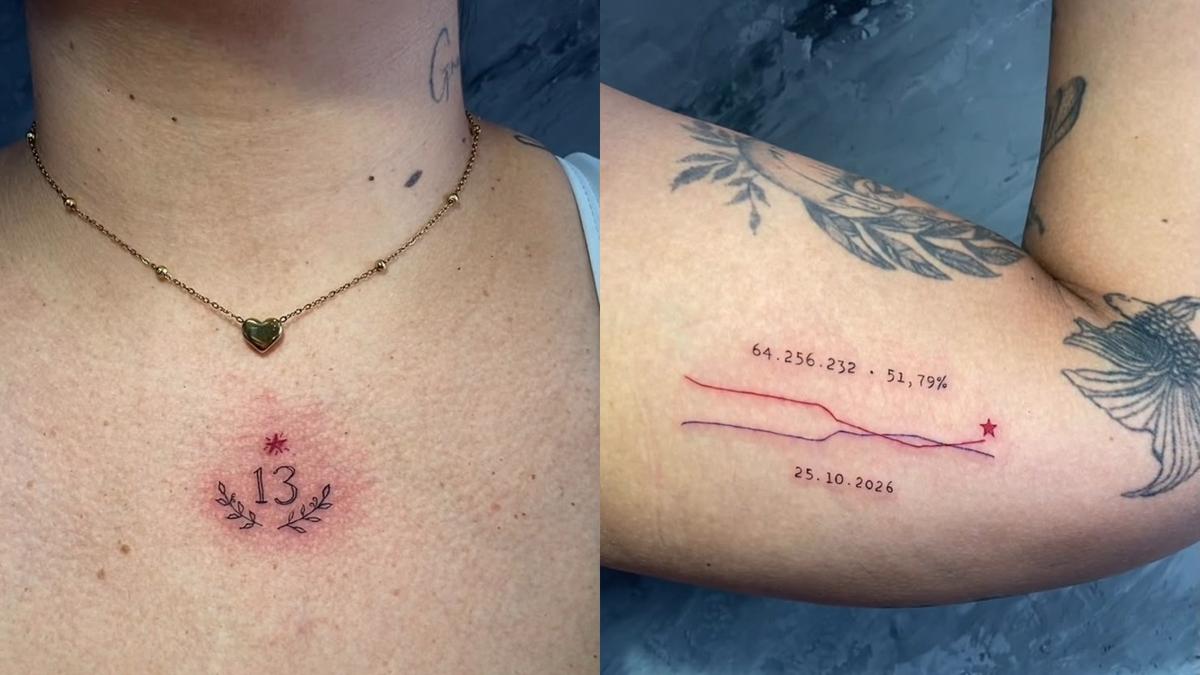 Mulher tatua número de Lula e gráfico da apuração dos votos do segundo turno das eleições de 2026.