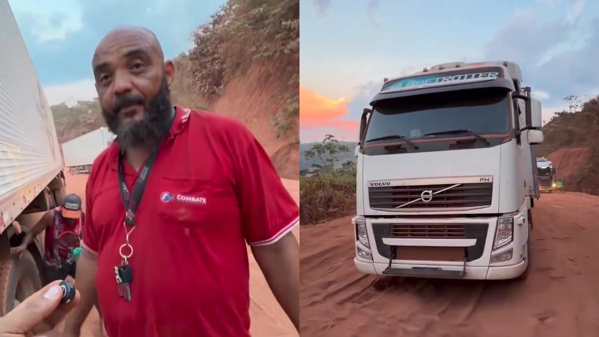 Trecho de terra da Transamazônica e homem ao lado de um caminhão na rodovia.