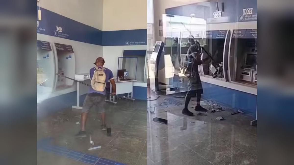 Vídeo mostra homem quebrando caixa eletrônico com barra de ferro — Foto: Reprodução/redes sociais