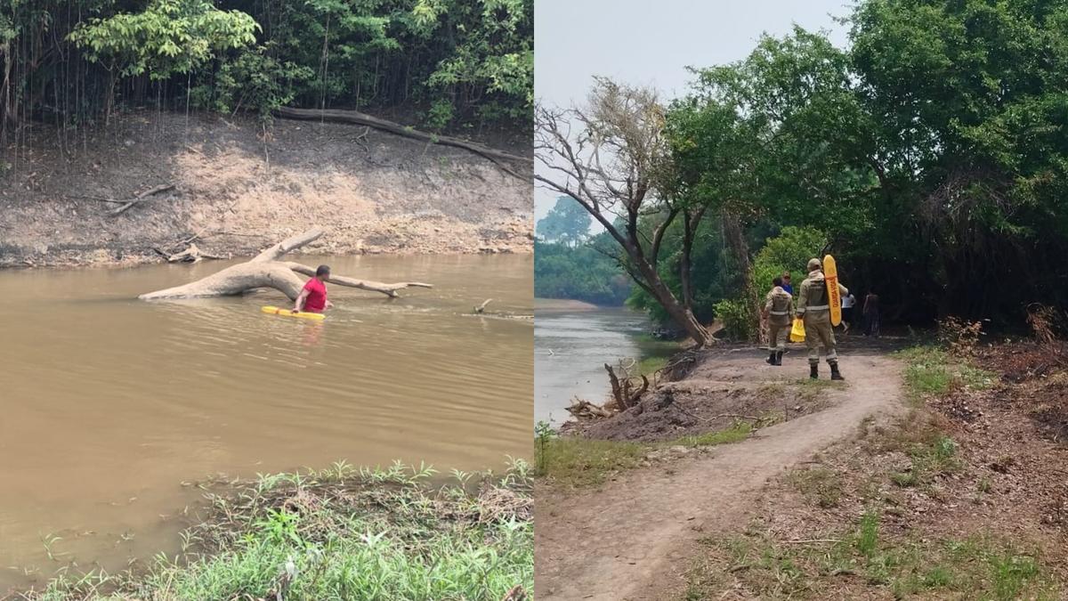 Equipe faz buscas no rio Piracanã.